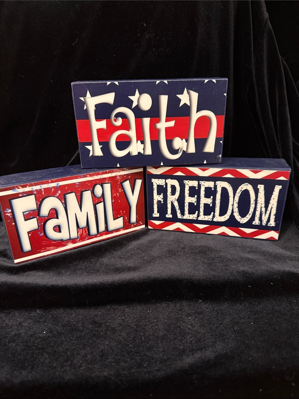 Patriotic signs 6x 4”. Stackable wooden designs